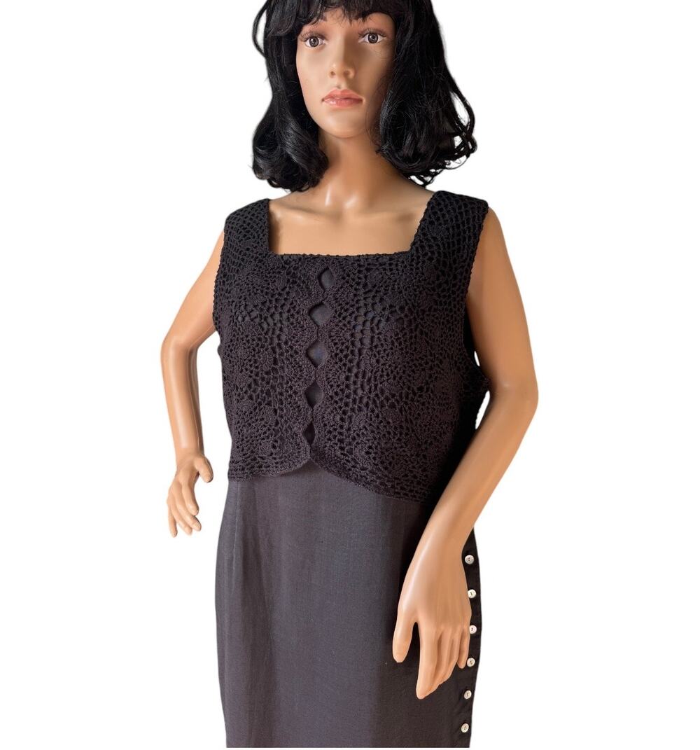 Vintage Cali Cali black Linen Crochet Sleeveless Maxi Dress button size 14 P